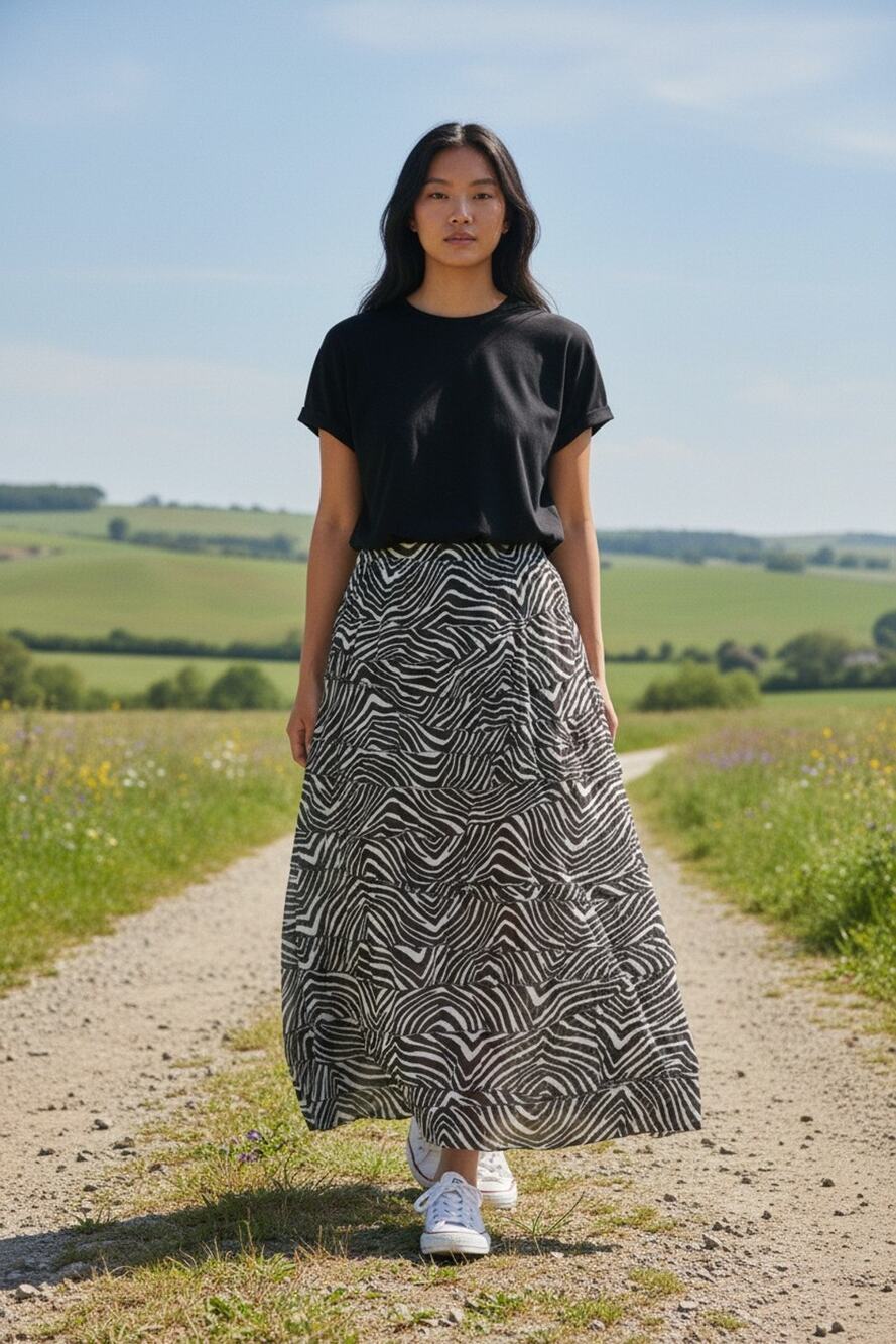 Soft Surroundings Skirt Womens Petite M Gray Zebra Maxi Tiered Ruffle Knit Boho
